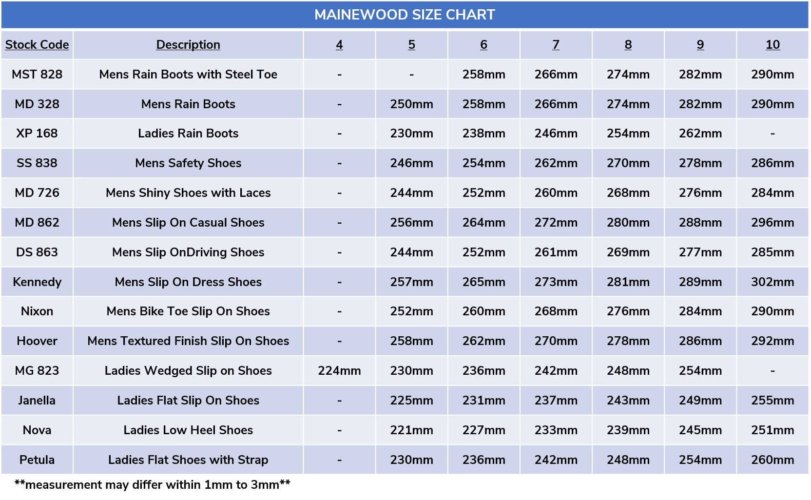 mainewood size chart